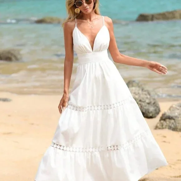 White Boho Womens Contrast Lace Ruffle Hem Cami Dress - Picture 3 of 5